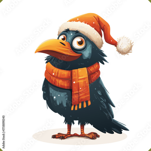 Vector illustration of a crow wearing a warm hat and scarf, cute bird, isolated on a white background