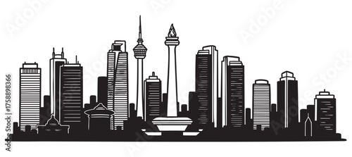 Black outline vector icon of a modern urban cityscape with various skyscrapers and a distinctive tall tower at the center.
