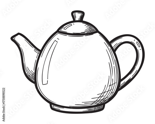 Black and white sketched image of a classic teapot with a curved spout and rounded handle, showcasing detailed line art and shading.