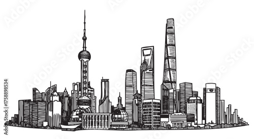 Black outline sketch of a city skyline featuring various tall skyscrapers and architectural landmarks with intricate details.