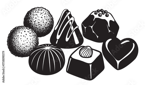 Black and white illustration of various decorative chocolates, including heart-shaped, truffle, and frosted confections in a detailed arrangement.