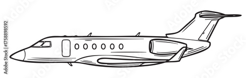 Black outline drawing of a private jet showing sleek design and multiple windows for luxury air travel.