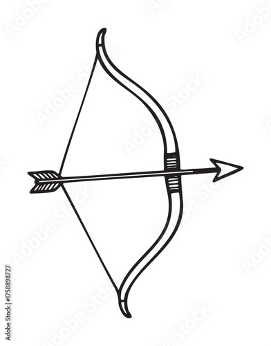 Black outline of a traditional bow with a single arrow drawn back, ready for release. simple and minimal design representing archery equipment.
