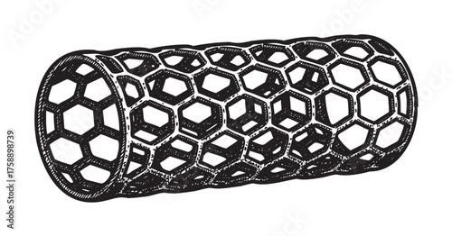 Black and white sketch of a cylindrical carbon nanotube with a hexagonal structure, showcasing its intricate lattice design.