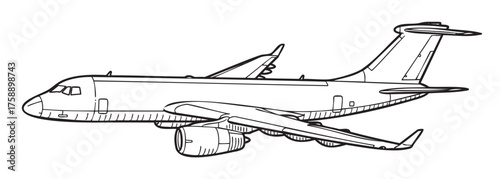 Black outline drawing of a commercial airplane with detailed wings, engines, and tailfin, viewed from the side.