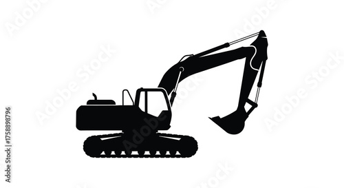 A stark black silhouette of a heavy duty excavator with its boom extended against a white background silhouette