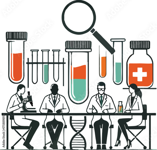 Scientists in lab coats gathered around a table with scientific equipment
