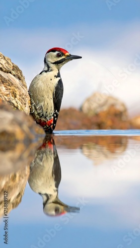 Woodpecker reflected in water