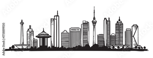 Black and white outline illustration of jakarta's skyline featuring iconic skyscrapers and structures, including the monas monument and wisma 46 building.