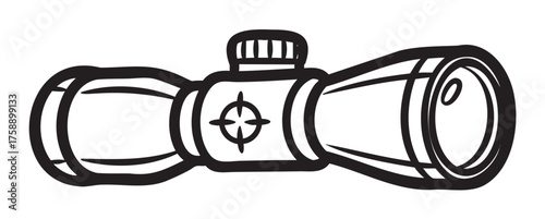 Black outline illustration of a compact rifle scope with targeting reticle, highlighting precision optics for hunting and shooting enthusiasts.