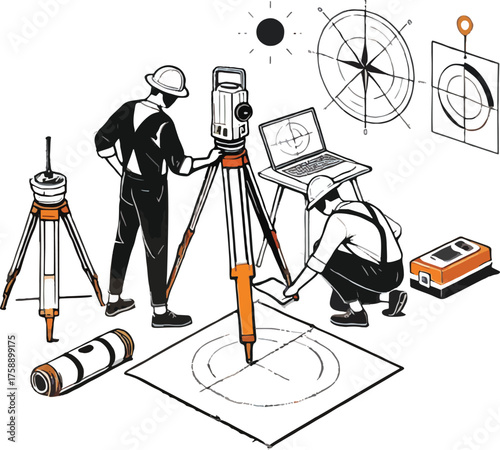 Surveyors using total station and laptop with compass and level