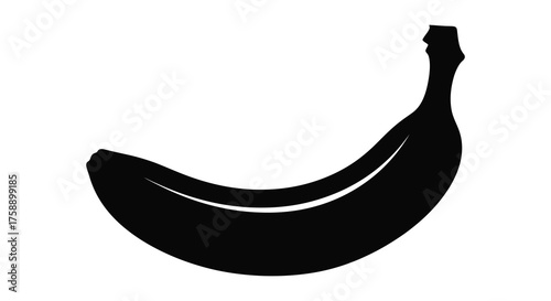 A simple black silhouette of a ripe banana isolated on a white background for graphic design