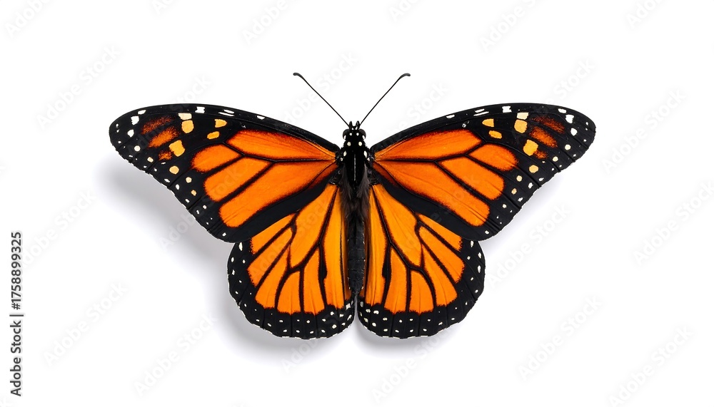 Fototapeta premium A stunning monarch insect with vibrant orange and black wings, perfectly symmetrical, displayed on a plain white backdrop