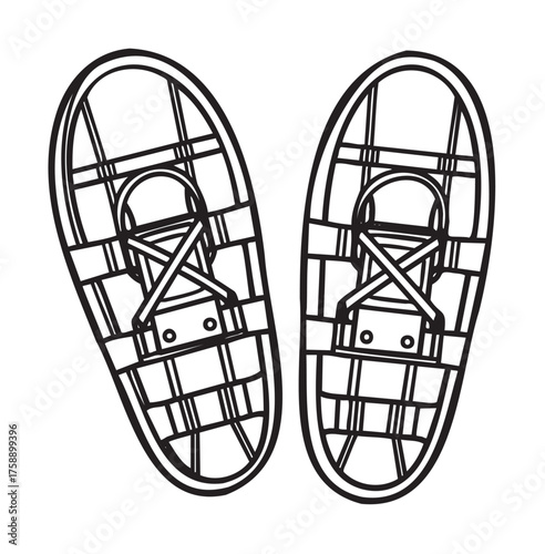 Black outline vector icon of traditional snowshoes with a crisscross wooden frame and leather straps for traction in snowy terrain.