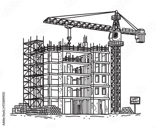 Black outline drawing of a construction site featuring a multi-story building under development with a crane and construction materials nearby.