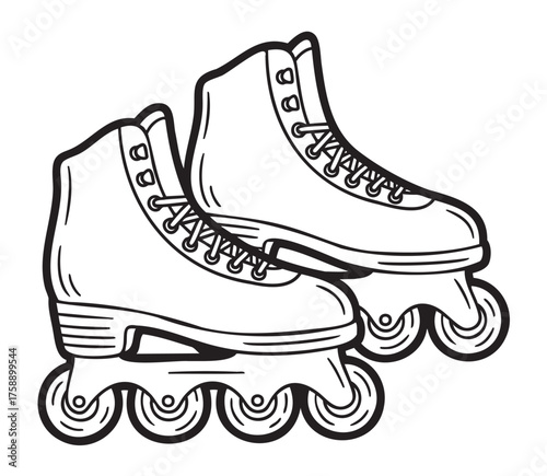 Black outline vector of inline roller skates featuring four wheels and lace-up boots, ideal for recreational exercise and skating enthusiasts.