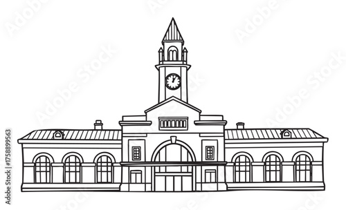 Black and white outline illustration of a historic train station with a central clock tower and symmetrical windows.