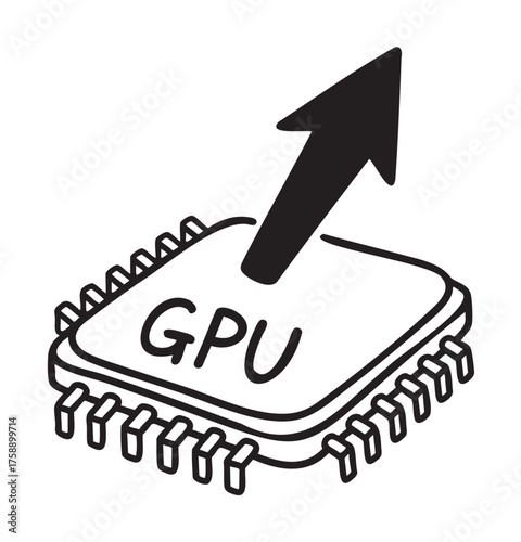 Black outline drawing of a gpu chip with an upward arrow, symbolizing increased graphic processing performance and efficiency.