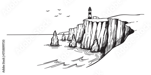 Black outline drawing of a coastal lighthouse perched atop a steep cliff, with surrounding rocky formations and birds in the sky.