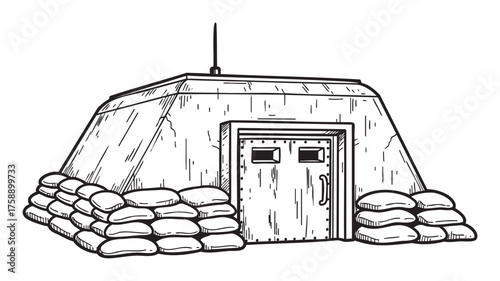 Black outline sketch of a fortified concrete bunker with sandbags stacked around the entrance for added protection.