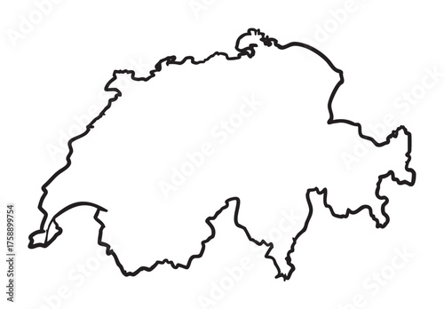 Black outline map of switzerland, highlighting its distinct geographical borders in a minimalistic style.