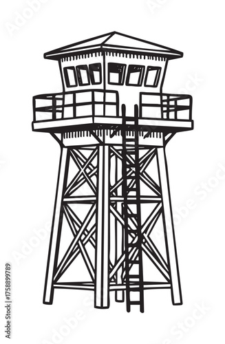 Black and white linear drawing of a wooden watchtower with railings and a ladder against a plain background.