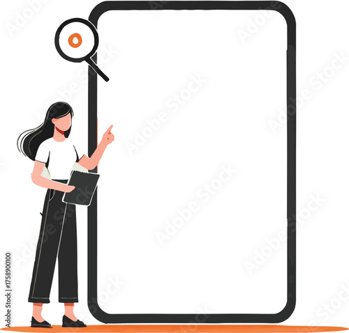 Woman with tablet and magnifying glass near large phone screen