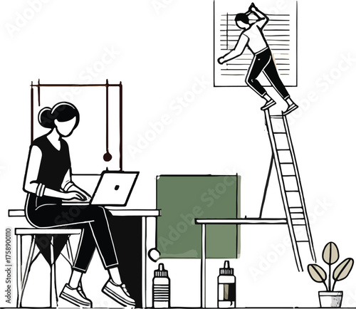Woman working on laptop near person on ladder adjusting blinds