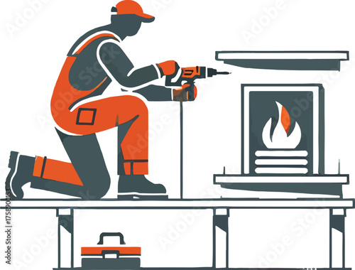 Worker installing fireplace with drill and toolbox