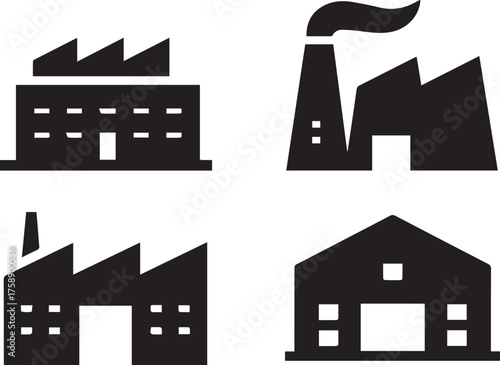Simple Silhouette Industrial Icons: Warehouses and Manufacturing Plants Included