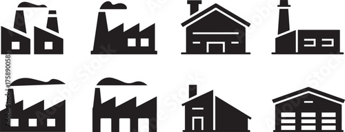 Modern Factory Icons for Manufacturing, Industry, and Production Processes