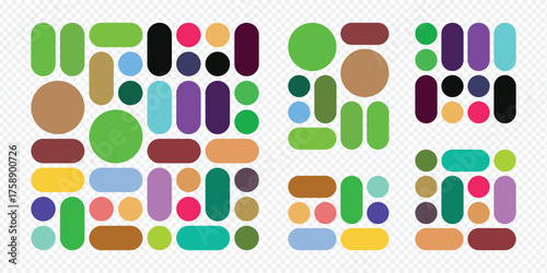 Colorful bento grid template layout vector with rounded geometric shapes, modern abstract design on transparent background.