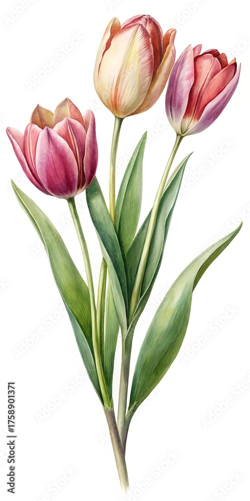 Fototapeta premium Elegant Watercolor Painting of Pink, Red and White Tulips on White Background