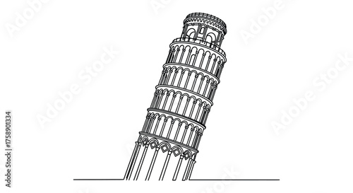 Iconic leaning tower of pisa architectural landmark depicted as a detailed black and white silhouette