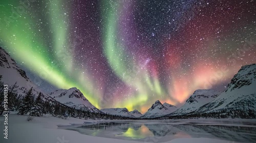 Stunning aurora borealis displaying over snow covered mountains and lake