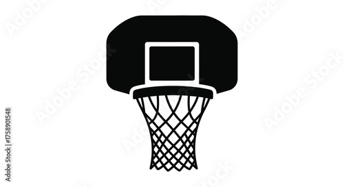 A stark black silhouette of a basketball hoop with net and backboard on a white background