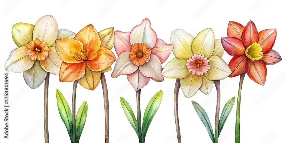 Obraz premium Watercolor Painting of Row of Colorful Daffodils, Spring Flowers Illustration Art