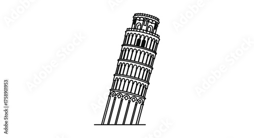 Iconic leaning tower of pisa monument depicted as a simple black and white line art silhouette against a plain background silhouette