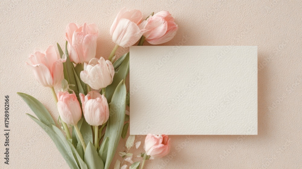 Fototapeta premium A beautiful bouquet of pink tulips with an elegant blank card against a delicate backdrop
