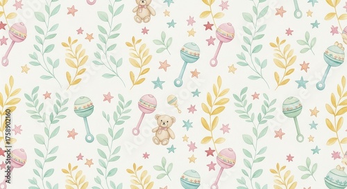 Illustration of seamless pattern with teddy bear, rattle and leaves isolated on white background
