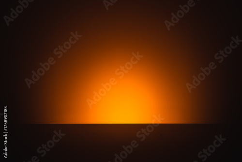 Abstract amber glow emerging from darkness, minimalist futuristic light horizon background