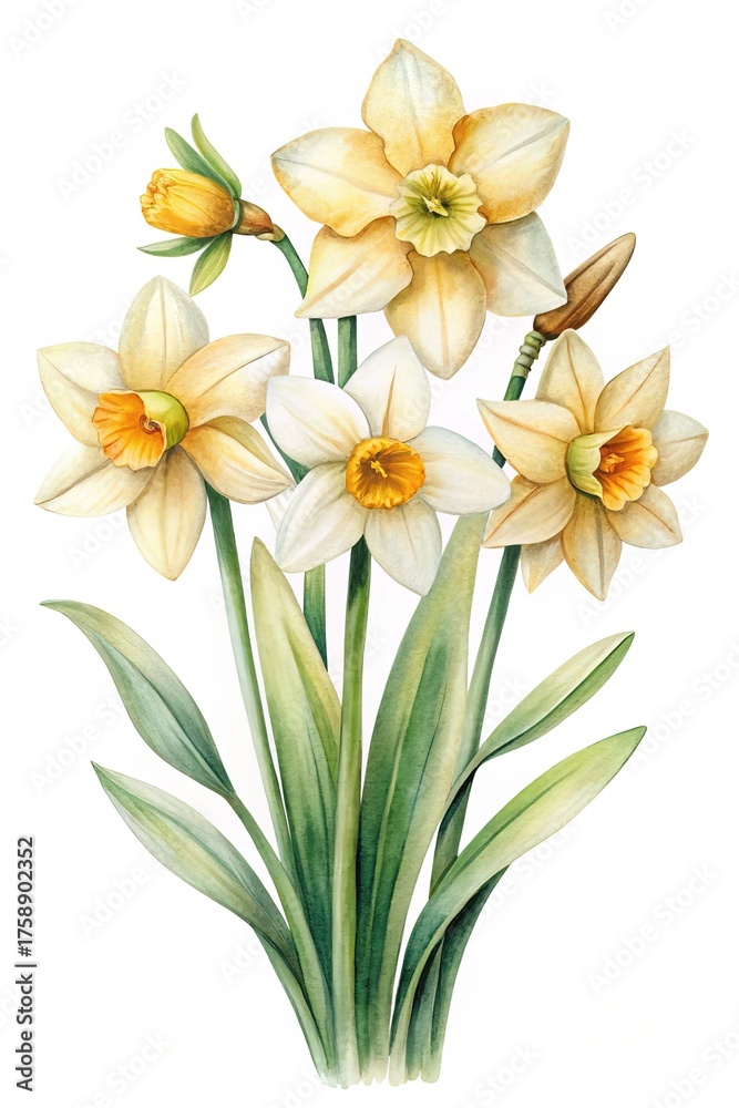 Fototapeta premium Watercolor Painting of a Bouquet of Daffodils with Green Leaves and Stems