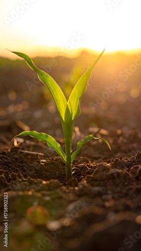 Young corn sprout in rich soil at dawn