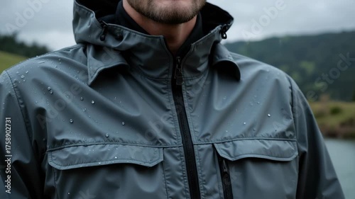 Man in waterproof jacket standing outdoors in rainy weather  