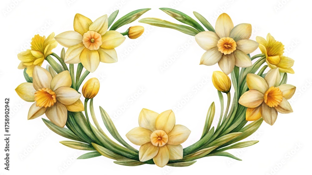 Obraz premium Elegant watercolor floral wreath featuring yellow daffodils and vibrant green leaves