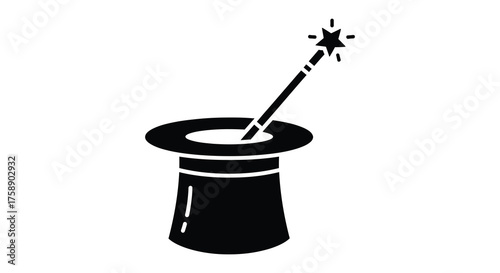 A classic black silhouette of a magician s top hat with a sparkling star tipped magic wand emerging from it