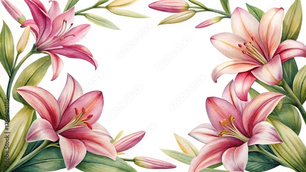 Fototapeta premium Elegant watercolor painting featuring pink lilies arranged to create a decorative frame
