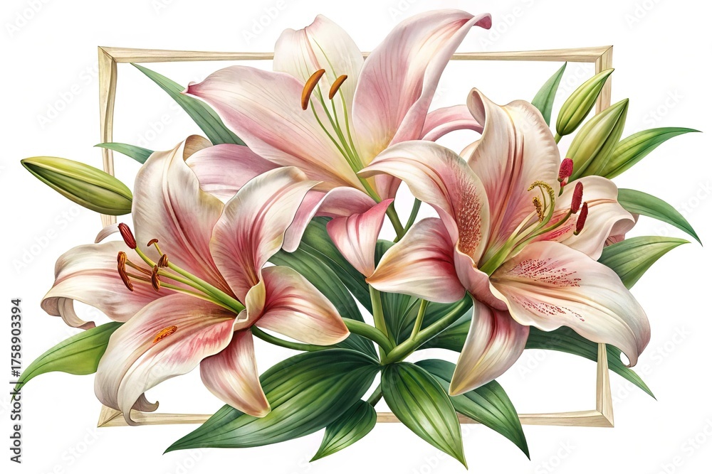 Fototapeta premium Elegant pink lilies in bloom with green leaves against a frame