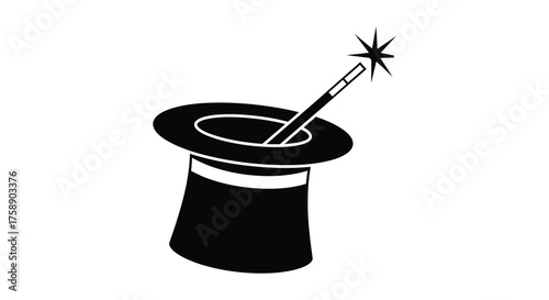 A classic black magician s top hat with a sparkling magic wand emerging from it silhouette