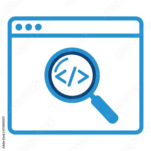 Magnifying glass over computer screen with code symbol for software development and debugging vector
